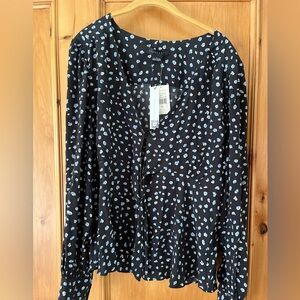 Sanctuary Black with White and blue Long Sleeve Blouse with derp v tie front